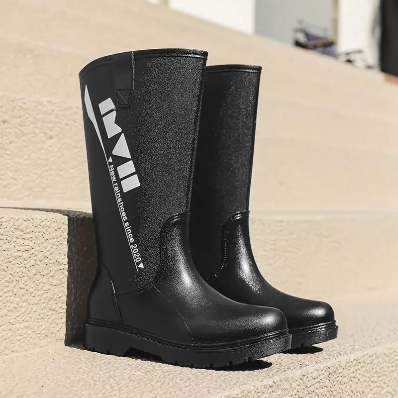 

Black Alphabet Half High Motorcycle Biker Young Man Shoes Gumboots Teenagers Waterproof Resistant Original Rain Boots for Men