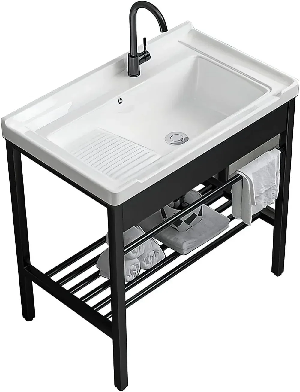 

Freestanding Sink 28.3" × 19" × 32.3" Ceramic Utility Sink with Washboard Set with Bracket and Drain Kit