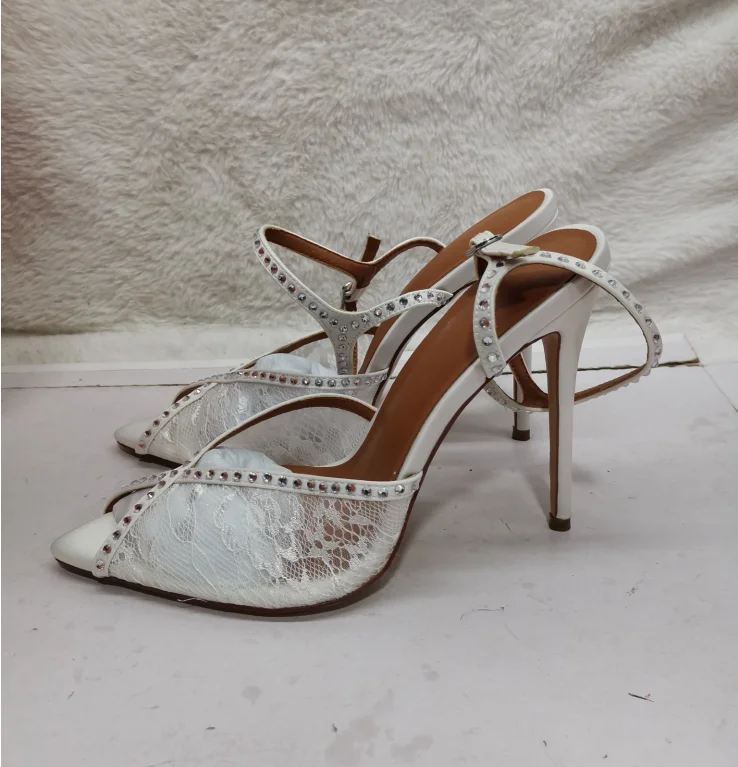 Bride Lace Peep Toe Sandals Rhinestone Decor Straps Stiletto Ankle Buckle Fashion Women Sexy Wedding Party Pumps Classic News In