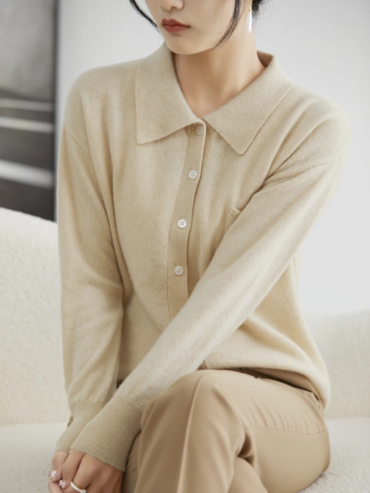 Fashion 100% Merino Wool Women Spring Autumn Sweater Polo-Collar Long Sleeve Cardigan Solid Knitwear Skin-friendly Wool Tops