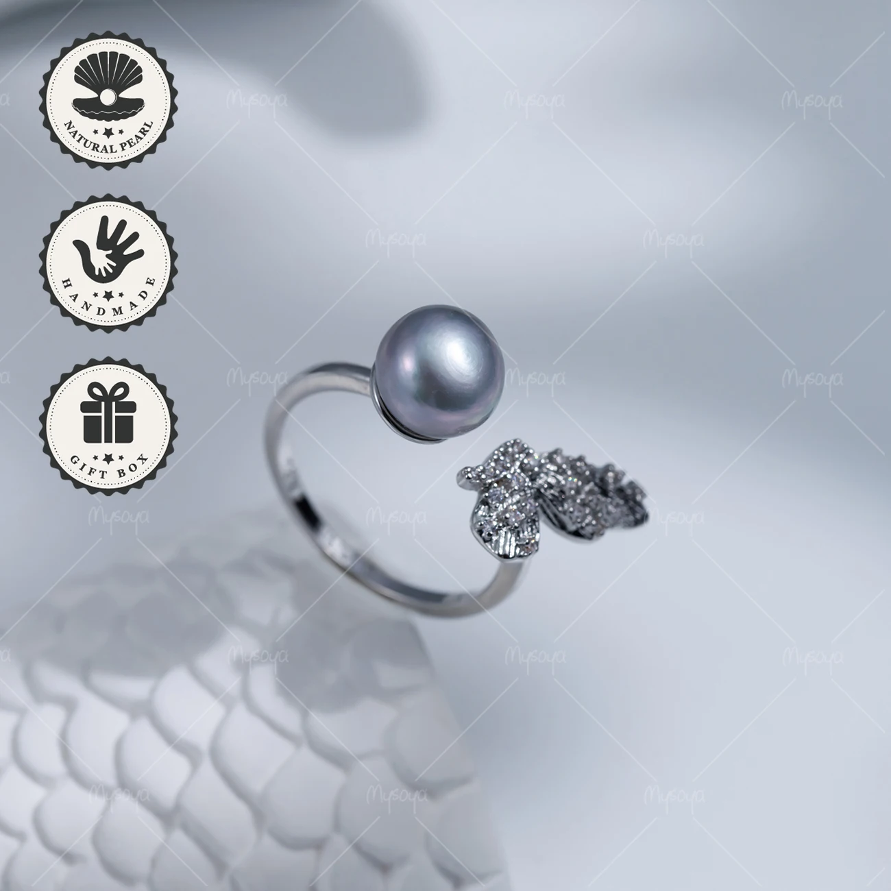 

MYSOYA 8-9mm Gray Freshwater Pearl Adjustable Ring with Silvery Butterfly Wing Design, Birthday Gift, Valentine’s Day