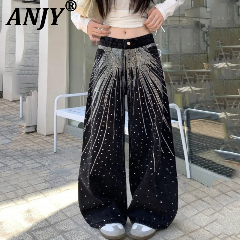 

ANJY Autumn Winter New Women American Heavy-duty Diamonds Fashion Jeans Loose Slimming Draped Trendy Wide-leg Denim Pants A12414