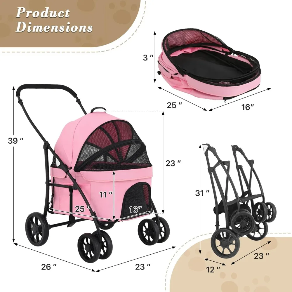 Kereta Dorong Anjing untuk Anjing Kecil/Sedang, Kereta Dorong Hewan Peliharaan Lipat dengan Carrier yang Dapat Dilepas, Kereta Dorong Kucing Portabel untuk Perjalanan