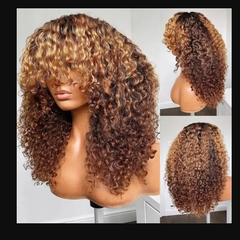 

Honey Blonde Soft 26“Long Kinky Curly 180Density Machine Wig With Bangs For Black Women High Temperature Cosplay Glueless Daily