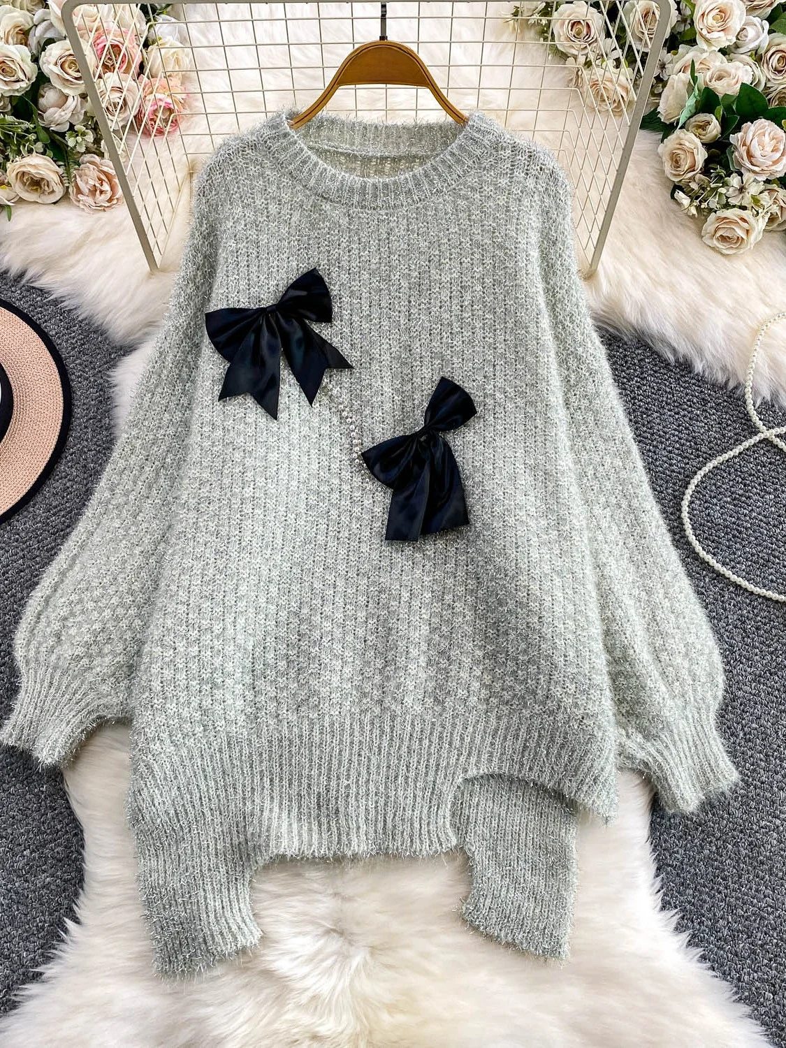 

Женский милый вязаный свитер с круглым узлом, зимний теплый тонкий асимметричный шелковый светящийся трикотаж средней длины