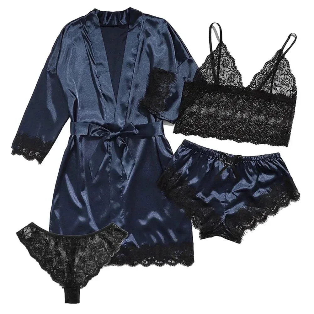 4 Pieces Woman Sleepwear Pajamas Ser With Robe Sexy Lace Lingerie Bathrobe Silk Satin Home Clothed Nightwear Robe