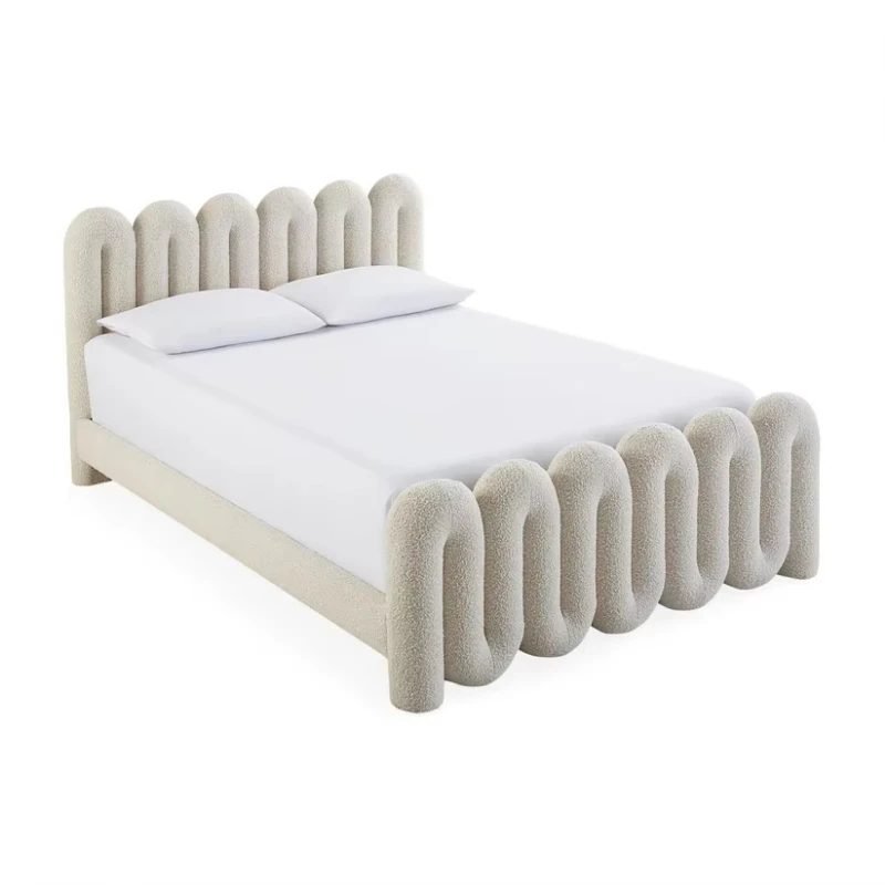 Terry cloth upholstered bed with wavy headboard, luxury bedroom bed frame