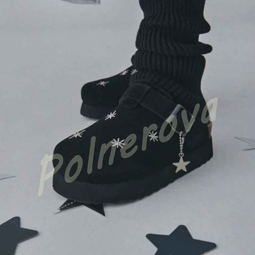 Star Embroidery Platform Clog Slippers Buckle Star Pendant Suede Slip On Shoes Dark Y2K Women Thick Sole Casual Backless Shoes