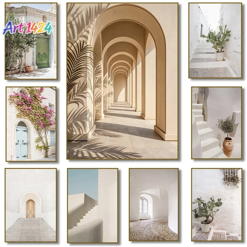 1pc frameless canvas painting Neutral Beige Minimalist Boho Scandinavian Architecture Arch Olive Tree Poster Canvas Painting
