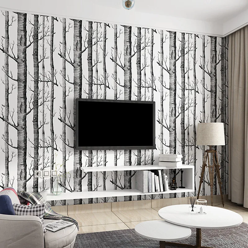 

Black White Rustic Wallpaper Birch Tree Forest Wood Grain Wallpaper Non-woven Fabric Wall Stickers Branch Contact Paper Vintage