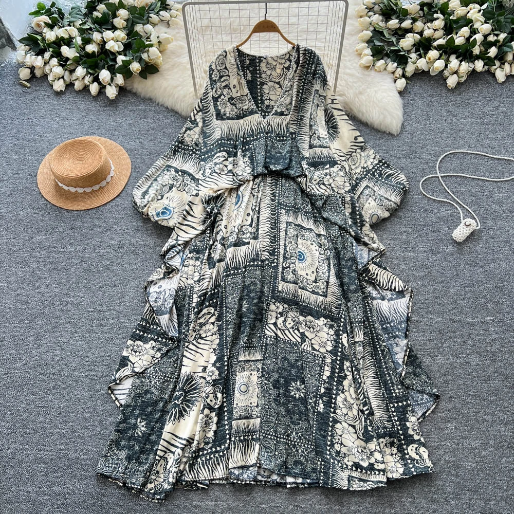 

Европейско-американское модное высококачественное платье для женщин, новинка 2025, свободная длинная вечерняя юбка с нерегулярными рюшами и рукавами-фонариками