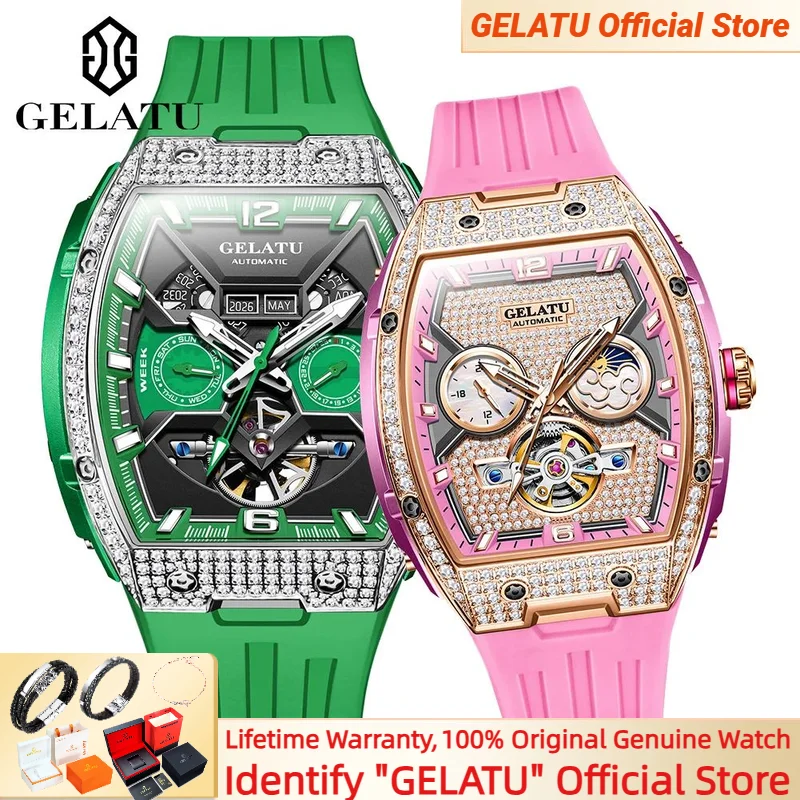 

GELATU 6016 Couple Watch for Men Women Full Diamond 52mm Large Dial Multifunctional Moon Phase Lovers Watch Set