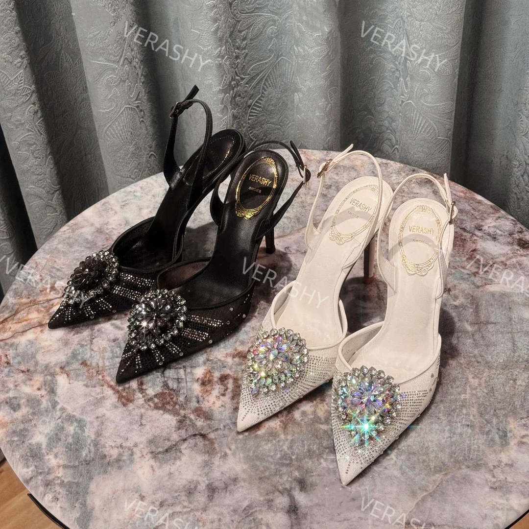 

Pointed toe Mesh Crystal Beads Flowers Decoration High Heels Women's Slingbacks Sandals Spring Autumn Party Banquet Dress Shoes