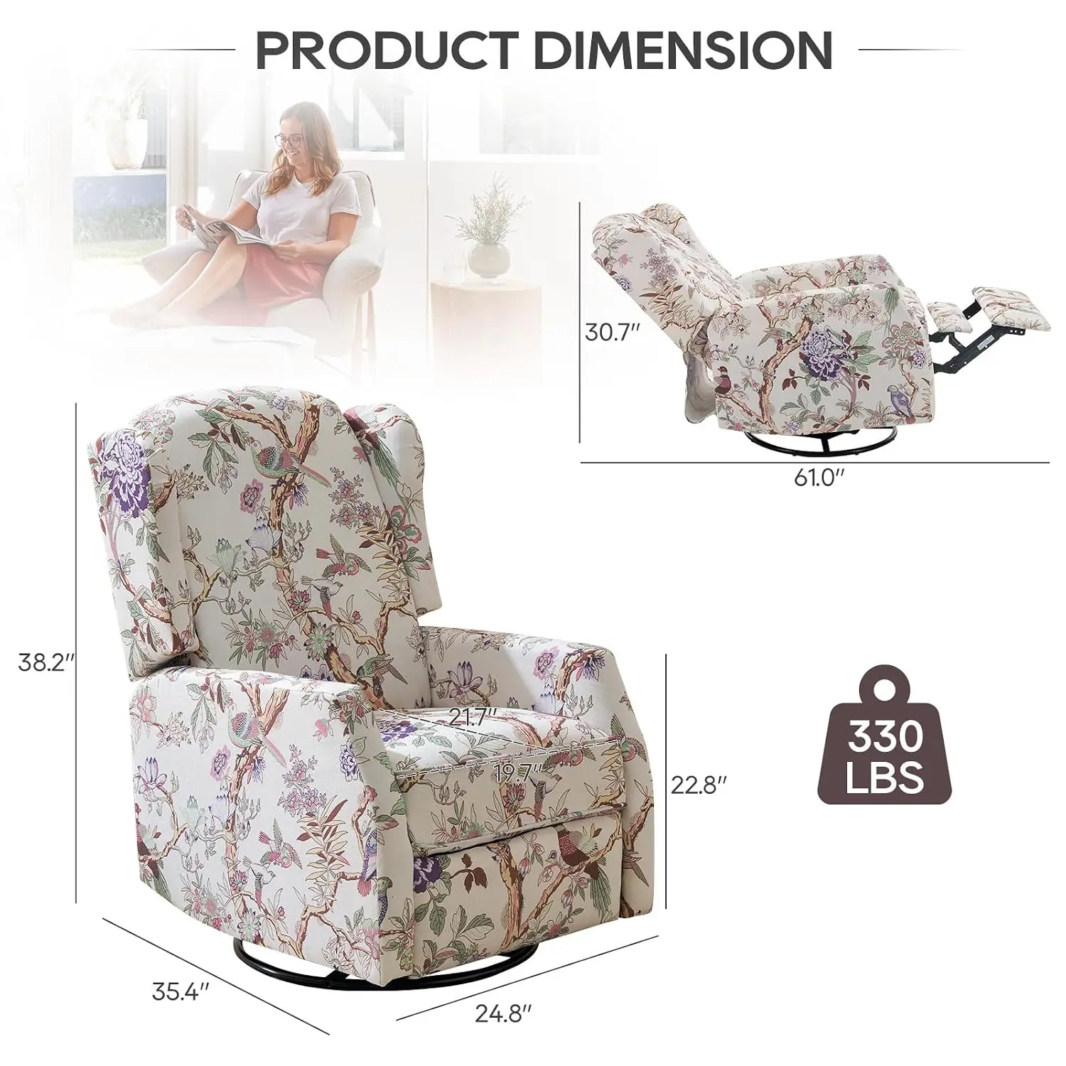 Floral Swivel Rocker Recliner, Wingback Padded Seat Armchair for Living Room Bedroom Office, Customized