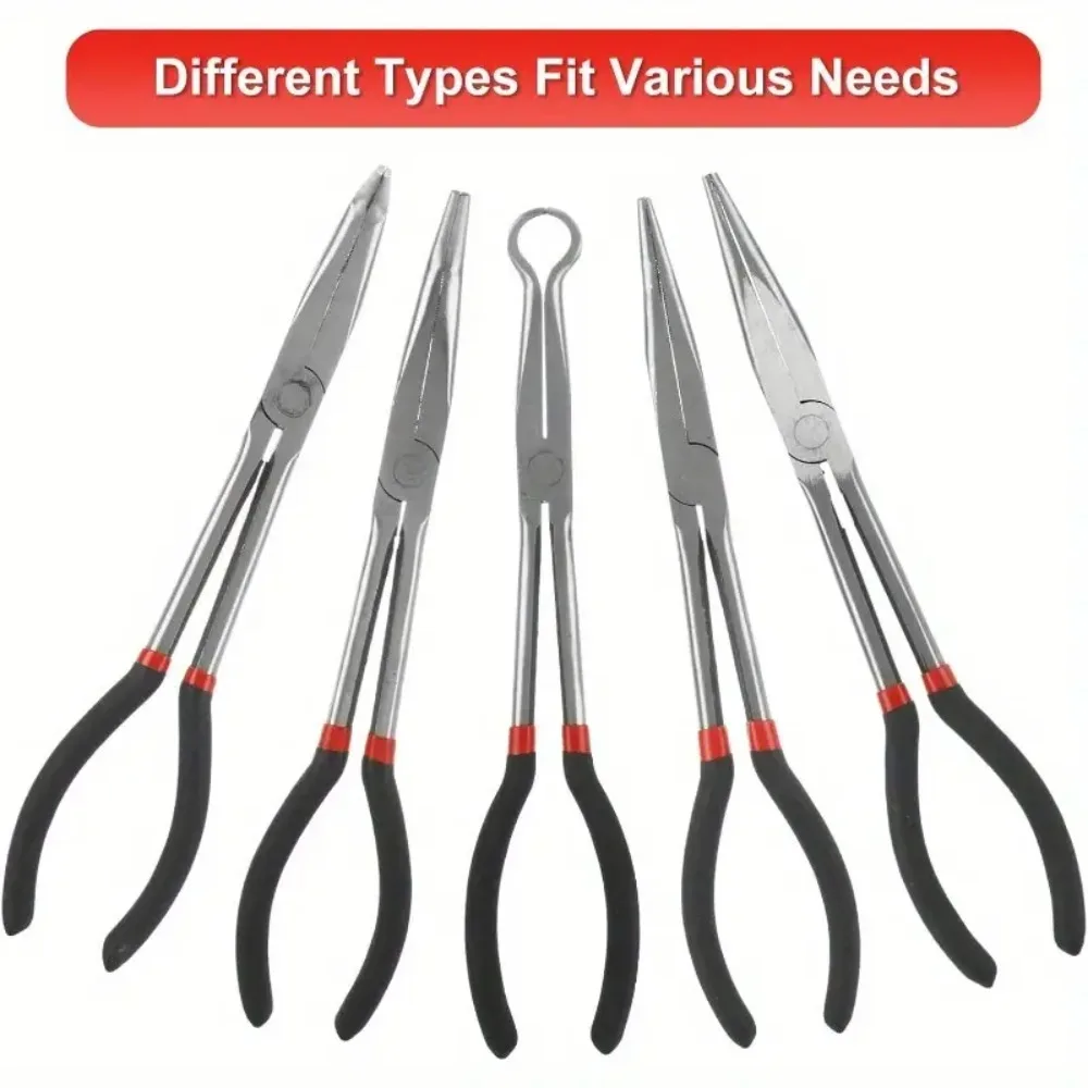 

Professional Long-Beak Needle Nose Pliers for Auto Repair and Plumbing Bent Tip Narrow Space Tool