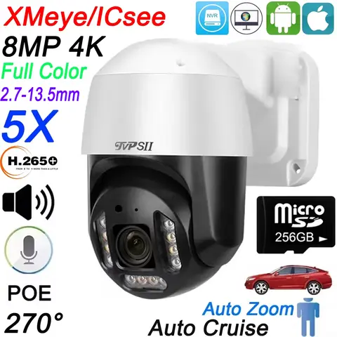 Xmeye ICsee 얼굴 감지 자동 크루즈 풀 컬러 H.265+ 8MP 4K 5배 줌 오디오 회전 POE PTZ 스피드 돔 감시 IP 카메라