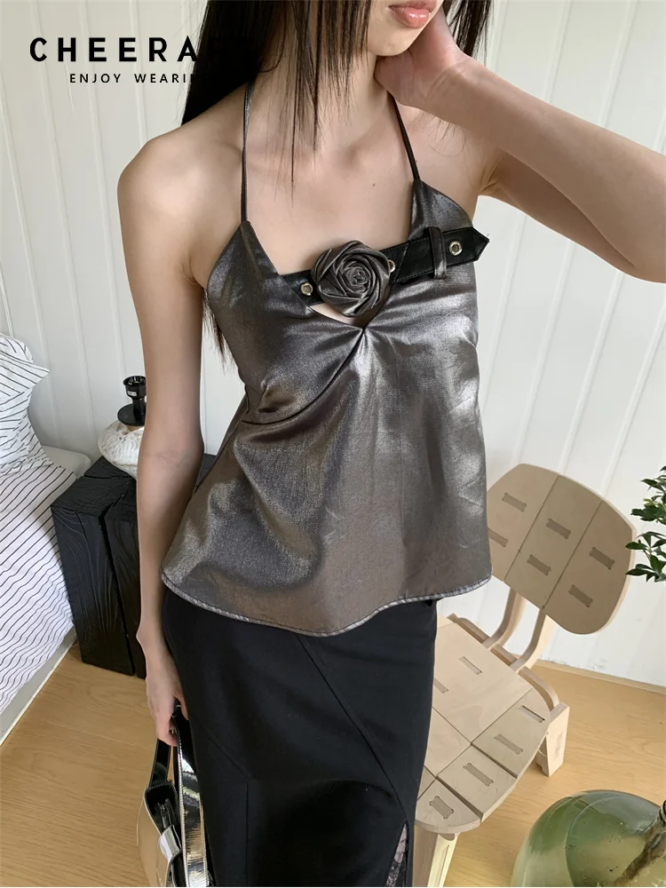 CHEERART Backless Rose Glitter Satin Halter Top donna estate 2024 Crop Top Cute Cami Luxury Designer Top abbigliamento