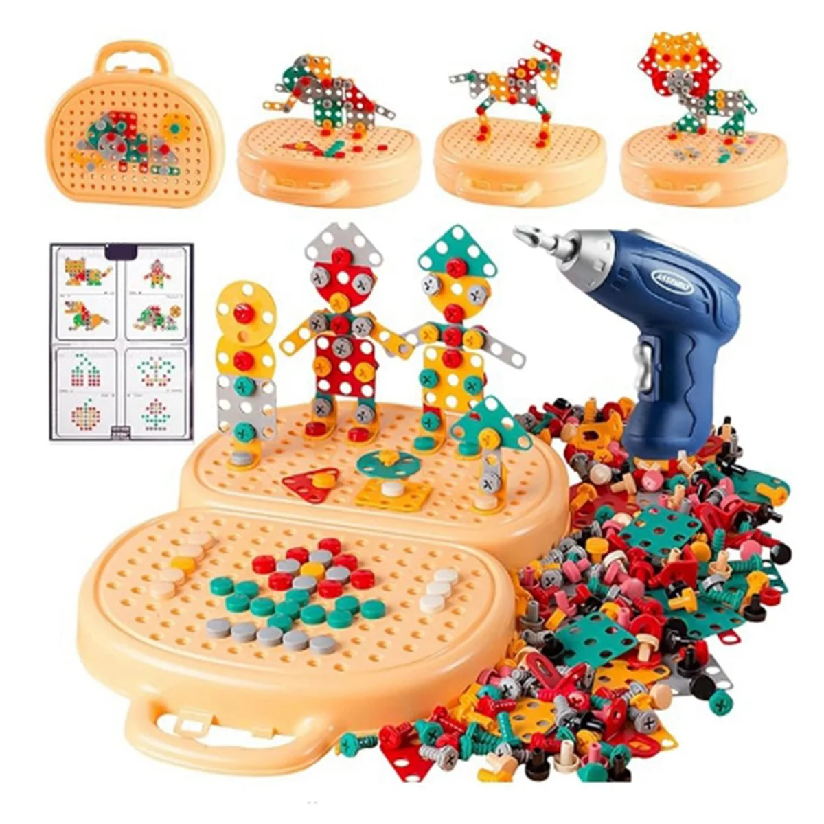 3D Play Toolbox Toy with Electric Drill Mosaic Puzzle Tool Set Early Education Toy Toolbox for 3-12 Year Old Kids