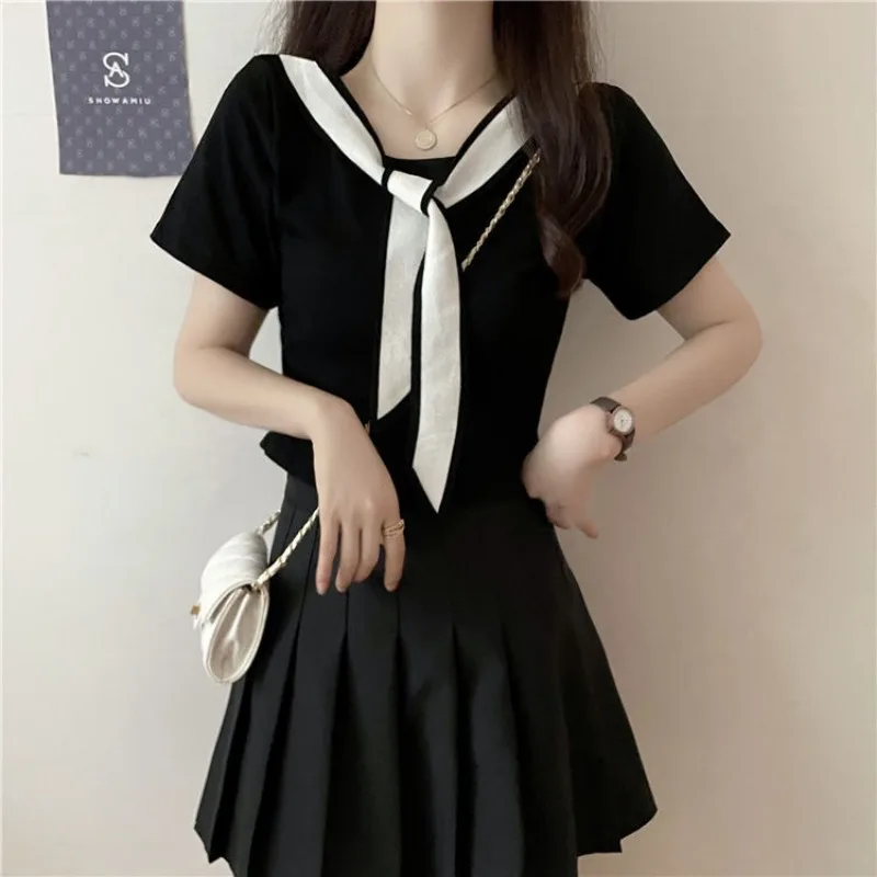 Summer T-shirts Women Solid Short Sleeve Necktie Korean Style Preppy Fashion Students Girlish Age-reducing Slim Crop Tops BF