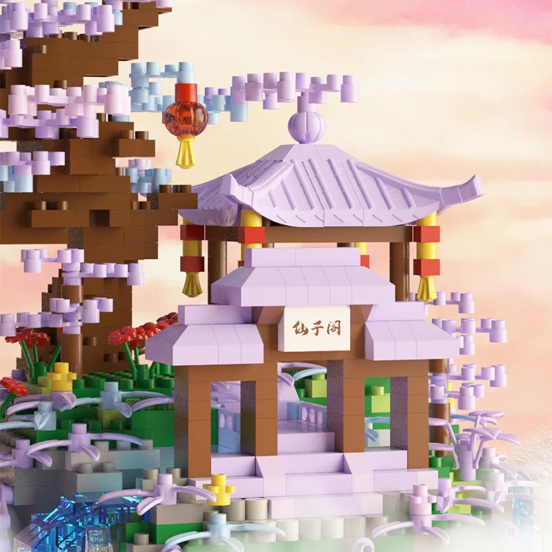 꽃 트리 하우스 미니 빌딩 블록 성인을위한 설정 중국 건축 모델 분재 장난감 문자열 조명 홈 인테리어