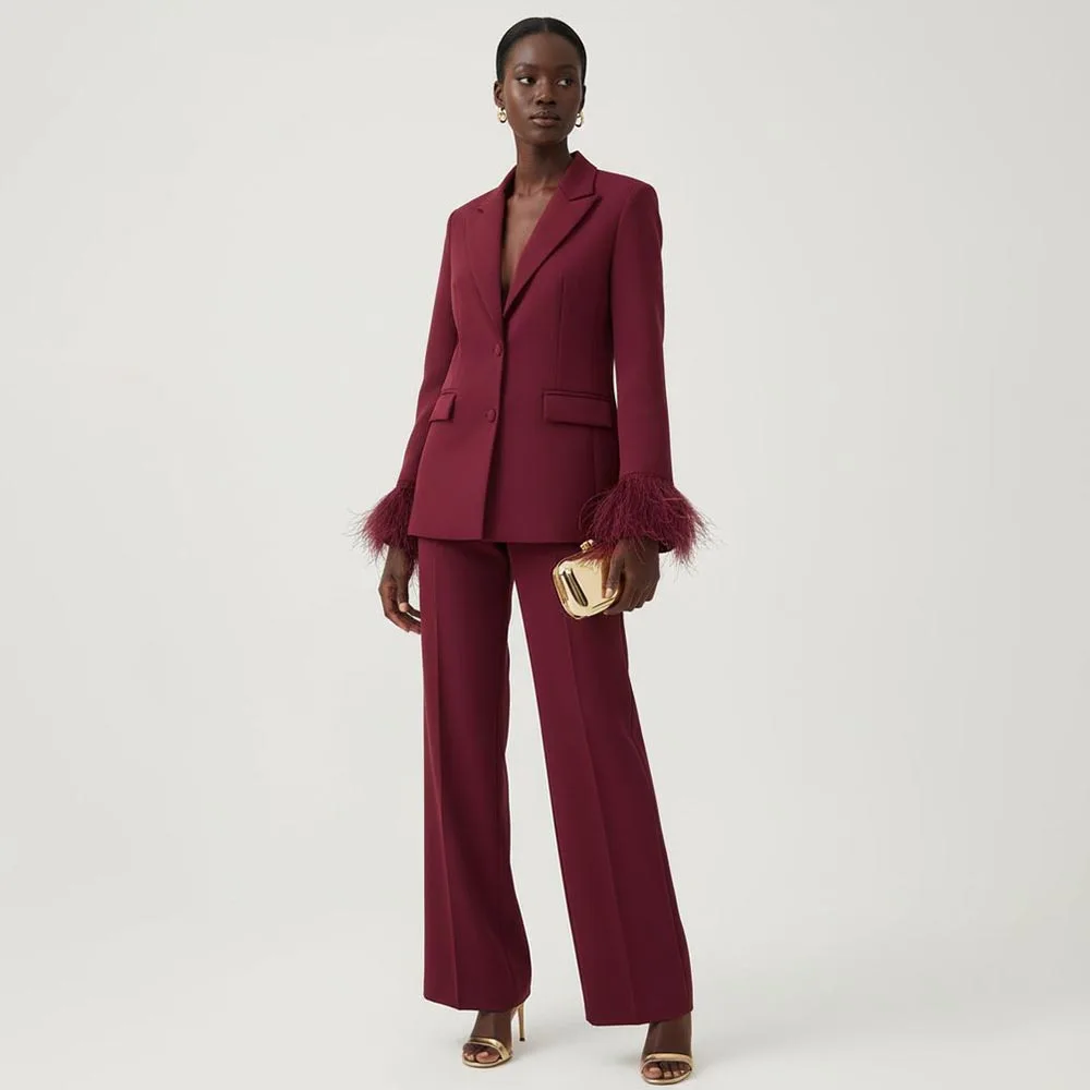 

Luxury Feathers Women's Suits Fashion Burgundy Single Breasted Pants Sets Formal Office Lady Work 2 Piece Jacket Trousers 2026