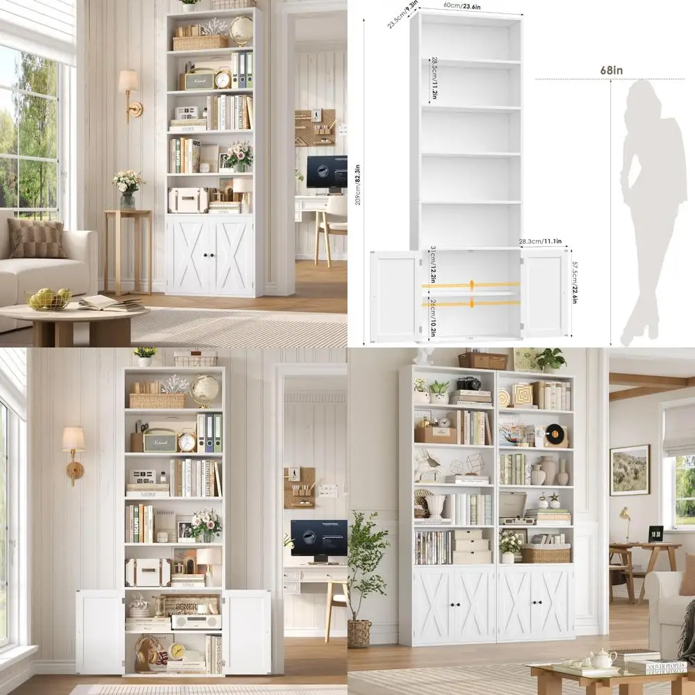 7-Tier Adjustable Storage Bookcase with 24-Inch Wide Doors and 82-Inch Tall Display Shelf