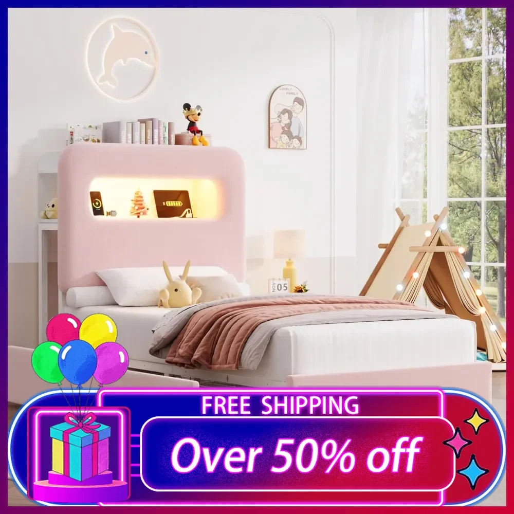 

Twin LED Bed Frame with Storage Headboard, Girls Bed Frame with 2 Drawers and USB Ports, Velvet Upholstered Platform Beds Frames