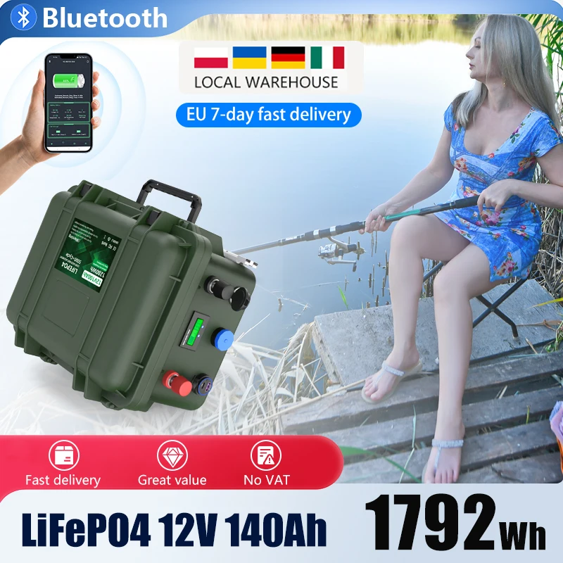 12V 140Ah LiFePO4 Battery Bluetooth BMS 12.8V 100Ah 6000+ Cycles Grade A Cell PD USB Waterproof IP65 For RV Fishing Boats No Tax