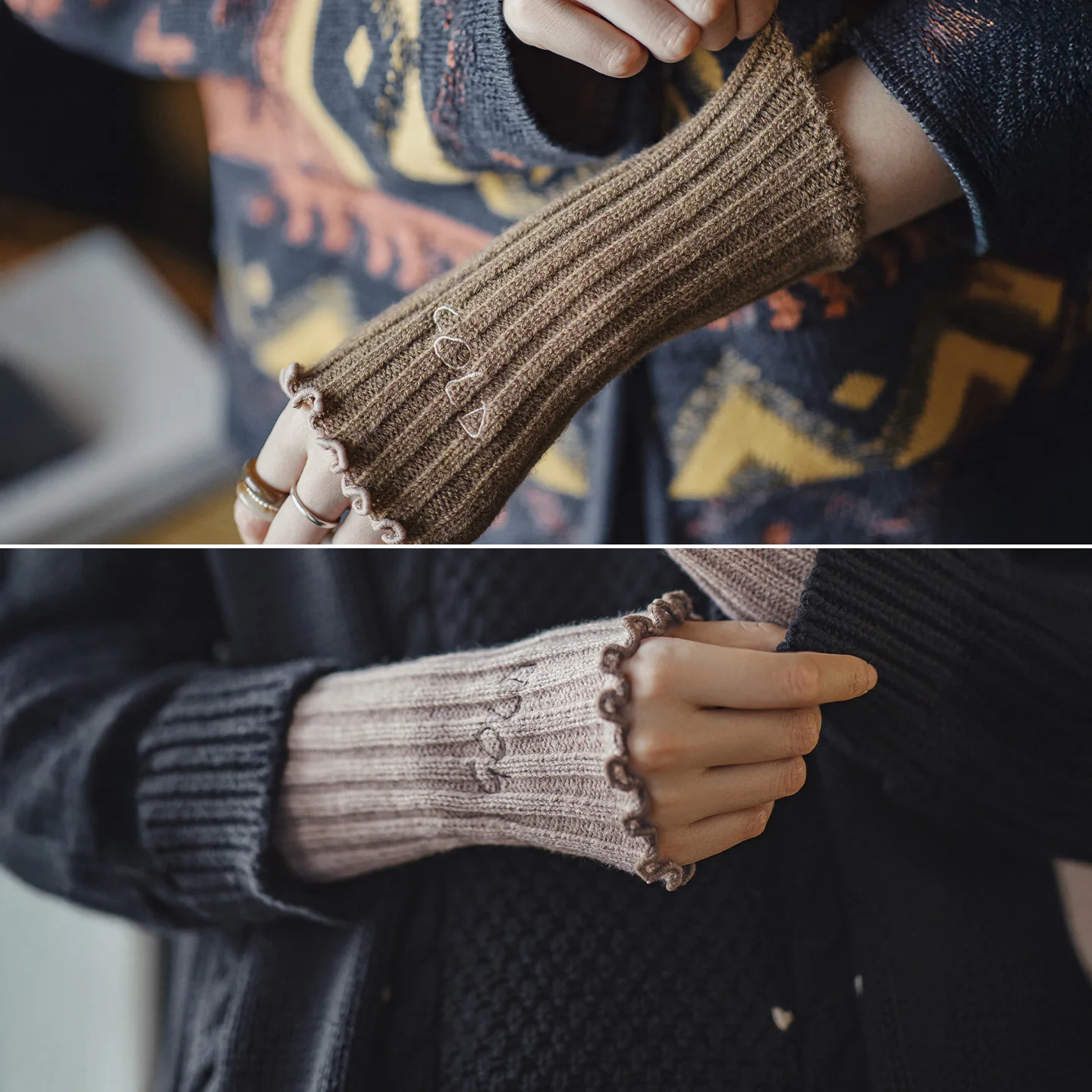 Maden المرأة طويلة أصابع متماسكة تدفئة الذراع قفازات الشتاء السميكة الأكمام فو طبقات جهاز تدفئة محمول موضة مريحة #1