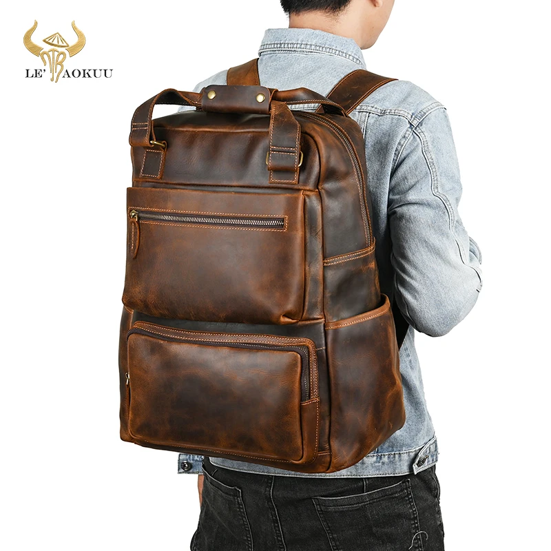 

Men Thick Crazy Horse Leather Vintage Travel University College School Book Bag Designer Male Backpack Daypack Laptop Bag 5005