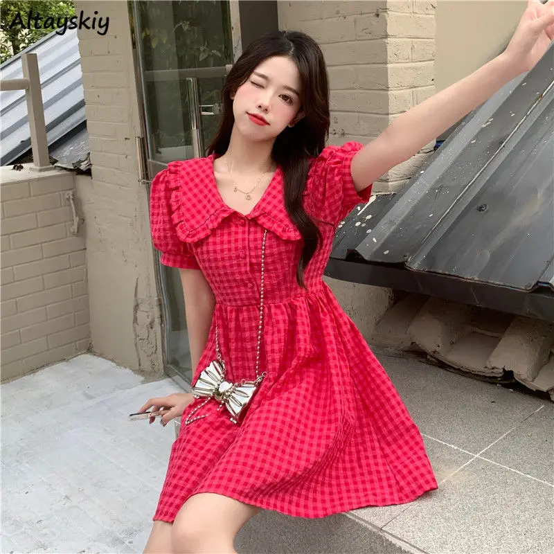 Short Sleeve Dresses Women Plaid Peter Pan Collar Red Kawaii Design Retro Holiday Tender Fashion Girlish Preppy Summer New Young