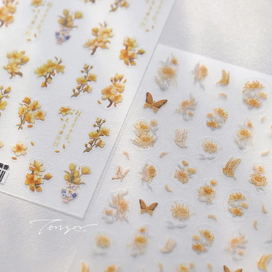 Autocollant 5D pour Nail Art, fleur d'osmanthus, chrysanthème, papillon, personnage chinois, Vase en Relief, adhésif pour manucure, automne jaune