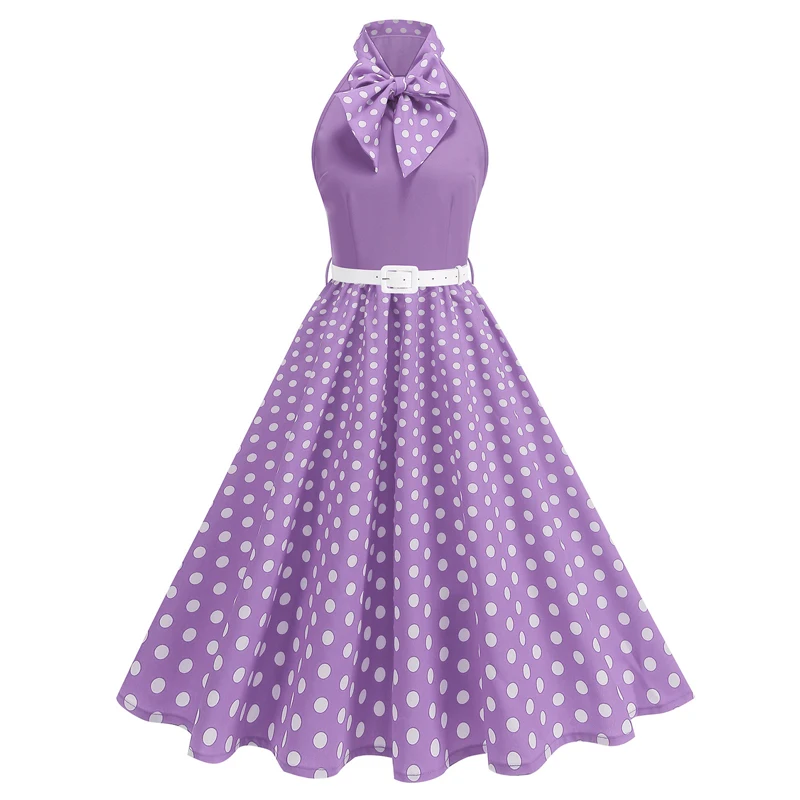 

﻿Sleeveless Women Retro 50 60s Dress Bow Collar Polka Dot Swing Dress With Belt Rockabilly Evening Party Cocktail Lady Clothes
