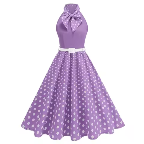 Sleeveless Women Retro 50 60s Dress Bow Collar Polka Dot Swing Dress With Belt Rockabilly Evening Party Cocktail Lady Clothes