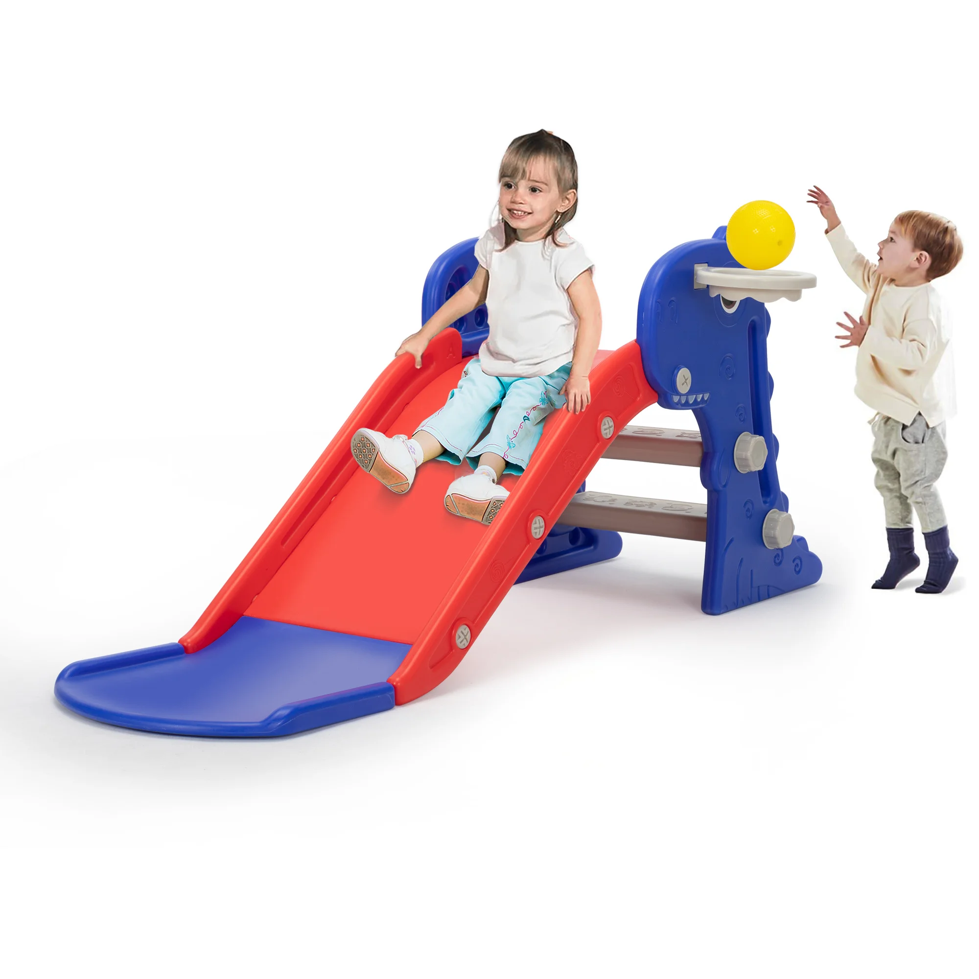 3 in 1 Freestanding Toddler Slide; Indoor Outdoor Playground with Basketball Hoop and Ball for Kids Under 3 Years