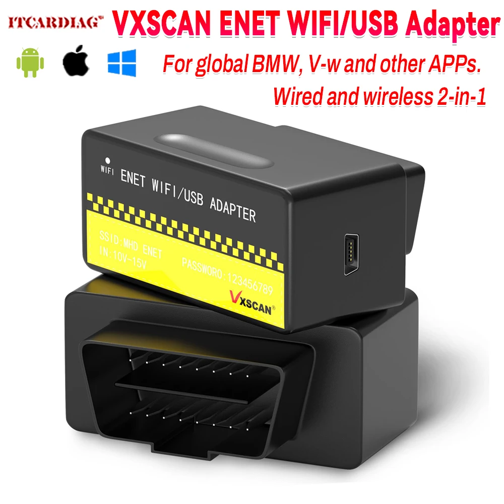 

Адаптер VXSCAN OBD ENET WIFI/USB для BMW серии F/G/V-W/VOLVO для BimmerCode E-SYS Bootmod3 Ethernet работает с iOS Android