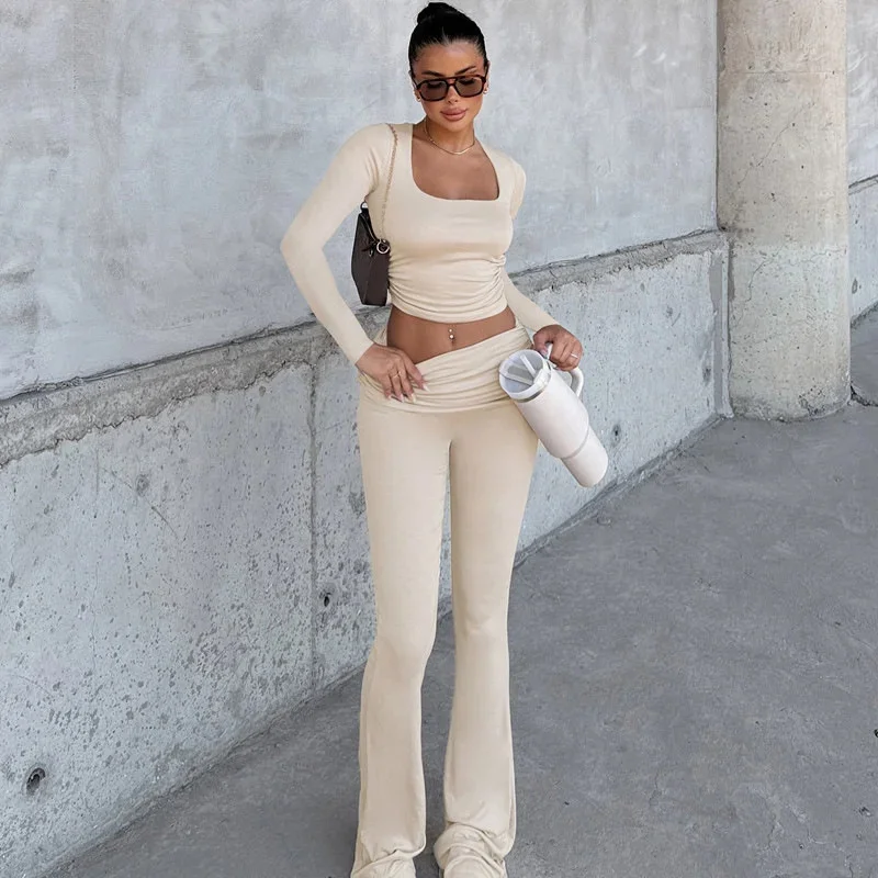 Autumn Women 2 Piece Sets Classic Basic 2024 New Full Sleeve U-neck Crop Tees High Waist And Slim Pants Female Matching Suits