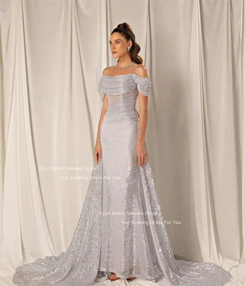 Xijun Gray Mermaid Wedding Dresses Sequined Sleeves Off The Shoulder Bridal Gowns Prom Dresses Saudi Arabric Wedding Party Dress