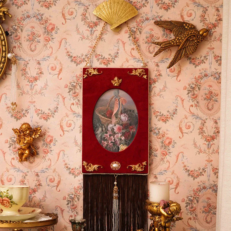 

New French Retro Style Velvet Burgundy Photo Frame Wall Hanging Pearl Tassel Room Decoration Romantic Restaurant Cafe Ornament