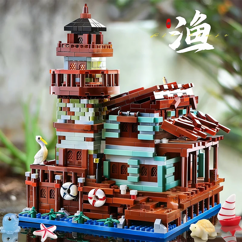 ini Fishing Village Cottage Bouwstenen met figuren Stad Architectuur Huis DIY Montage Speelgoed Kinderen Kerst Verjaardagscadeaus