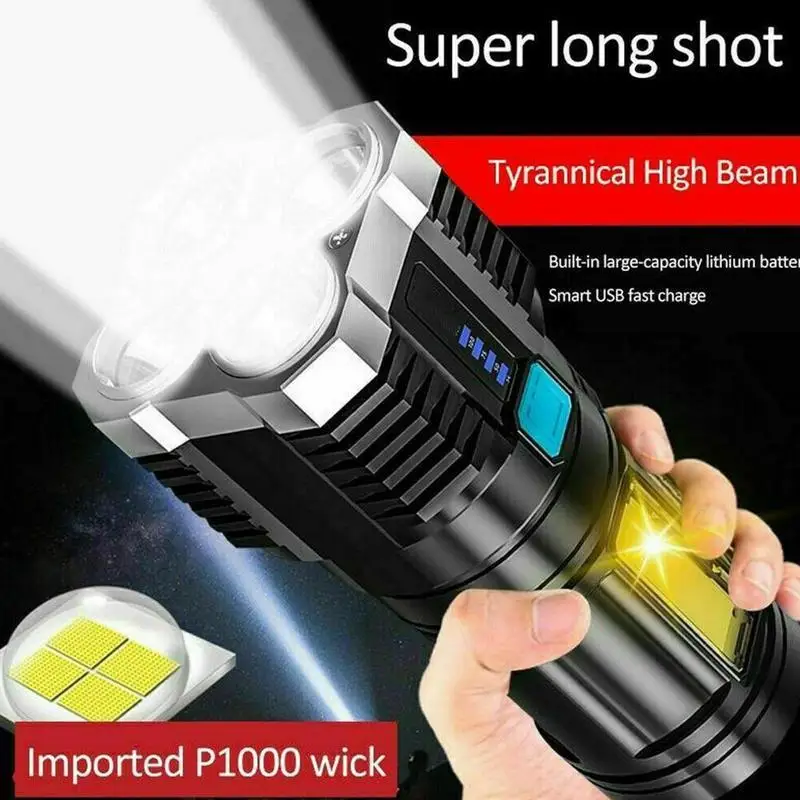 High Power LED Flashlights Camping Torch With 4 Lamp Beads And COB Side Light USB Rechargeable 4 Lighting Mode Camping Torch