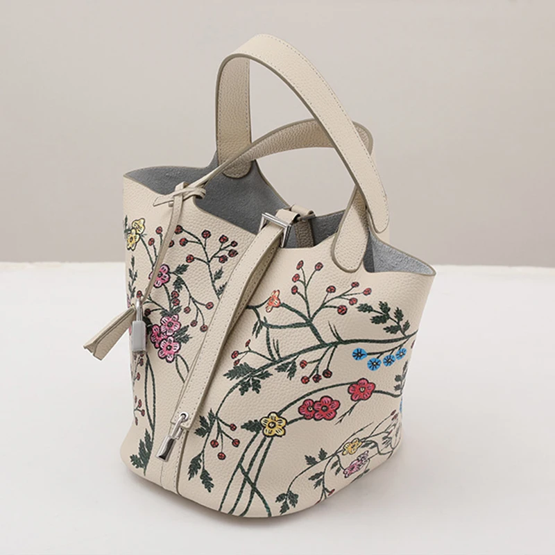 Flower Genuine Leather Bucket Bag Women's Niche Design Basket Bag Large Capacity Top Hand Bag with Silver Hardware  -NO LOGO