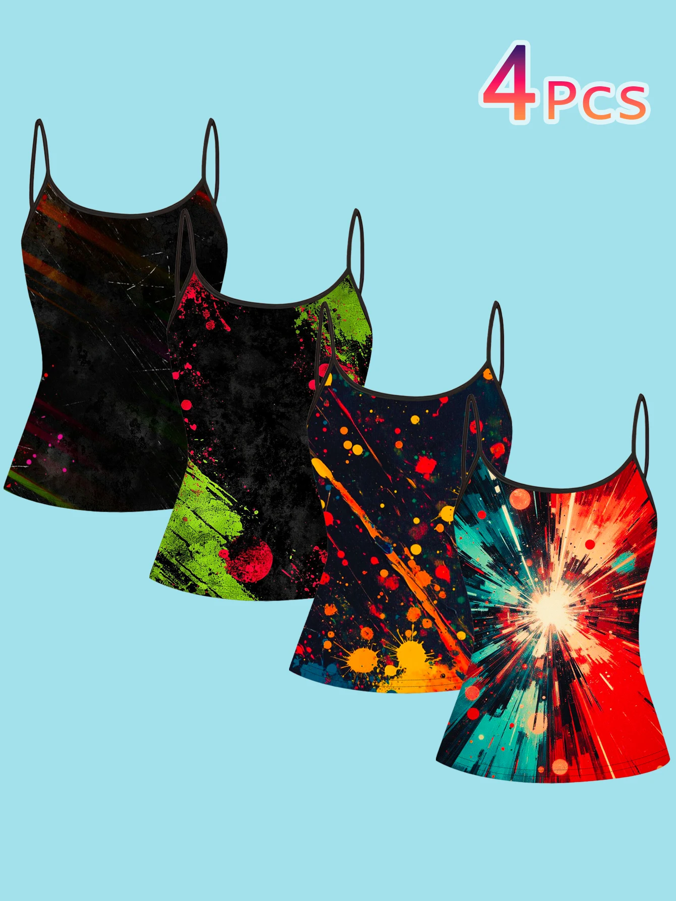 4-Piece Set of Street-Style Splash-Ink Explosion Art Print Camisole Tank Tops for Women, Y2K Trendy Niche Vibe Slim-Fit Base Layer Outerwear Women's Tops
