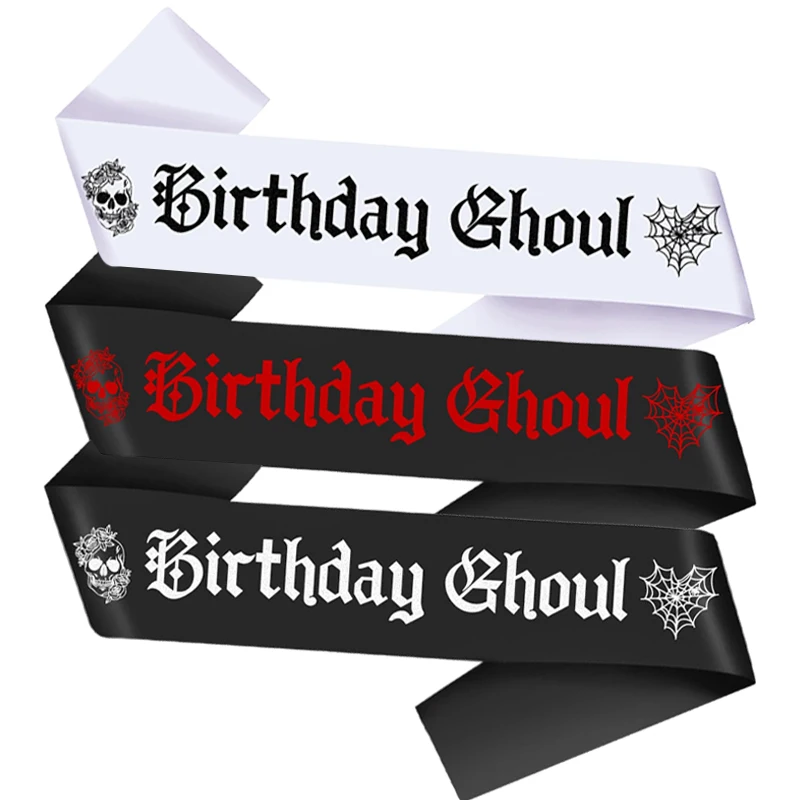 Birthday Ghoul Satin Sash with Skull Spider Web Halloween Themed Birthday Party Decoration Accessories Gift for Daughter Friend