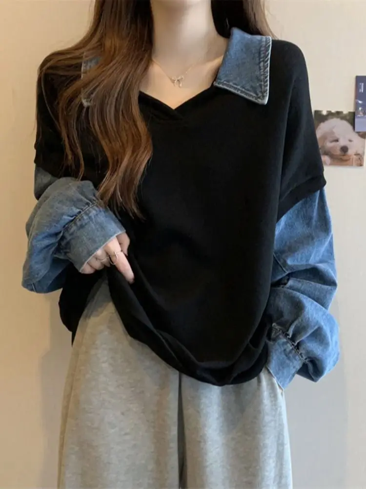 Hoodies Women No Hat Loose Denim Patchwork Streetwear Korean Style Harajuku Turn Down Collar Spring Chic Leisure Casual 4XL