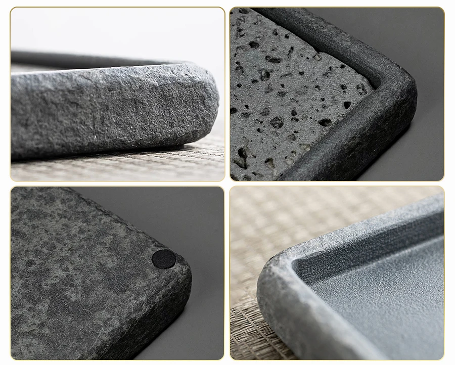 Stein Teeplatte 15cm quadratisch natürlicher schwarzer Basalt saugfähig Teekanne Ablage Wabi-Sabi Zen Gongfu Teezeremonie Geschenk – Detail 3