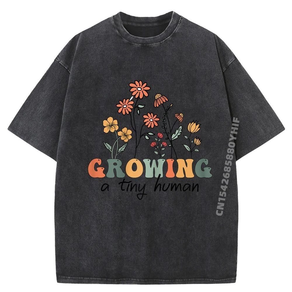 

Growing A Tiny Human Floral Flowers Tee Funny Pregnancy Tee Graphic Shirts Male Harajuku Printed Tees Trendy Washed Clothes