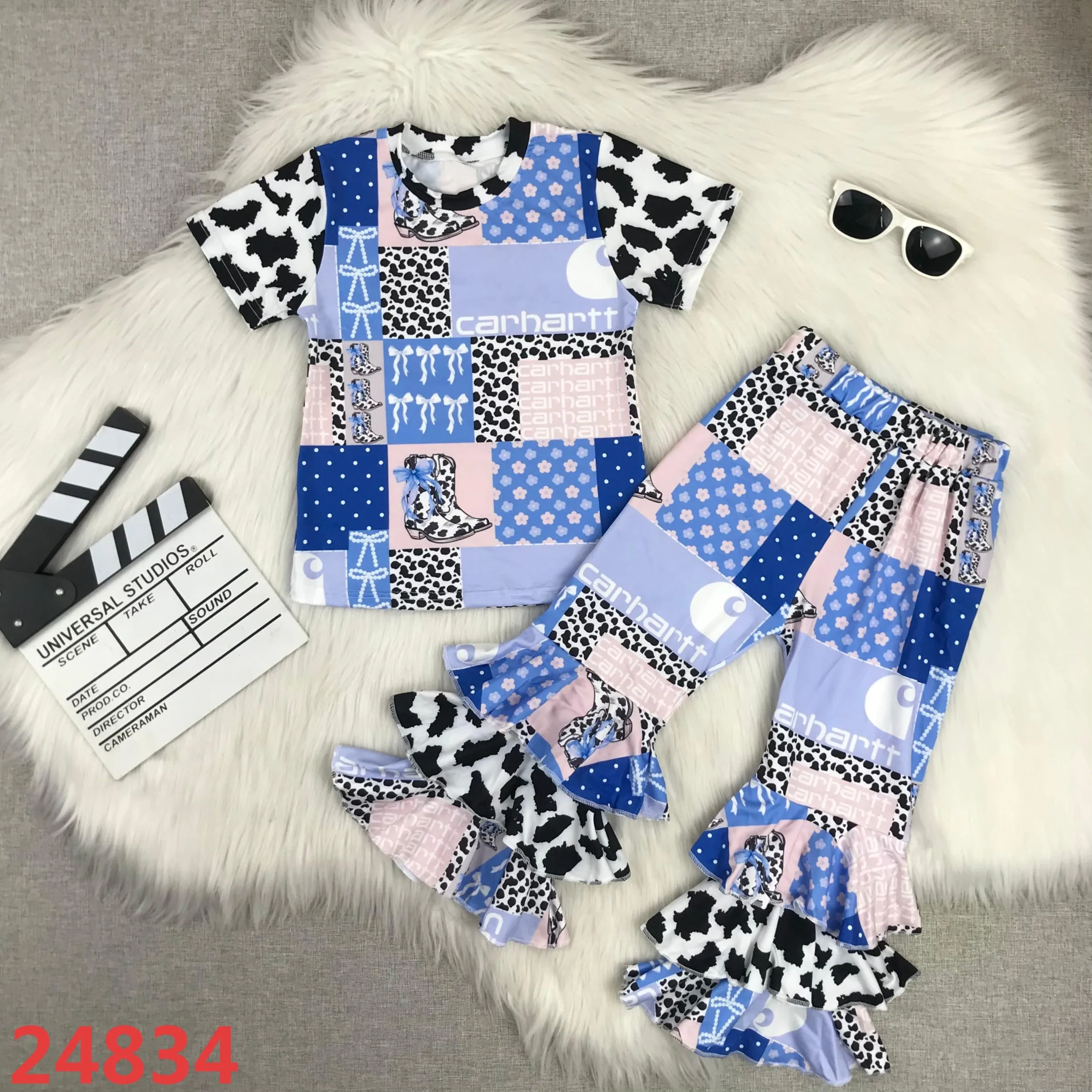 مجموعة ملابس أطفال بناتي خريفي مكونة من قطعتين ملابس أطفال غربية مقسمة ​ ​ طقم بنطال أزرق بأكمام قصيرة