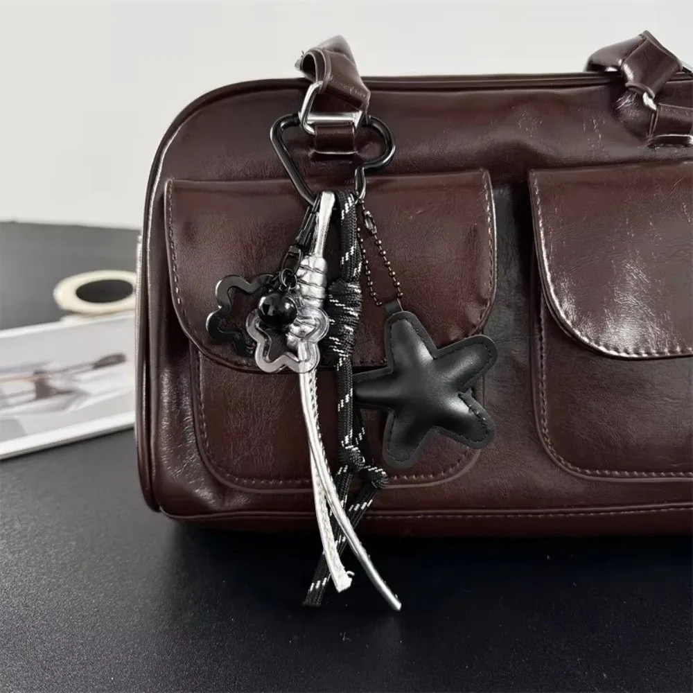 Leather Star Bag Keychain Black and White Handmade Mix-And-Match Pendant Star and Braided Rope Pendant Decoration Sweet-Cool Bag