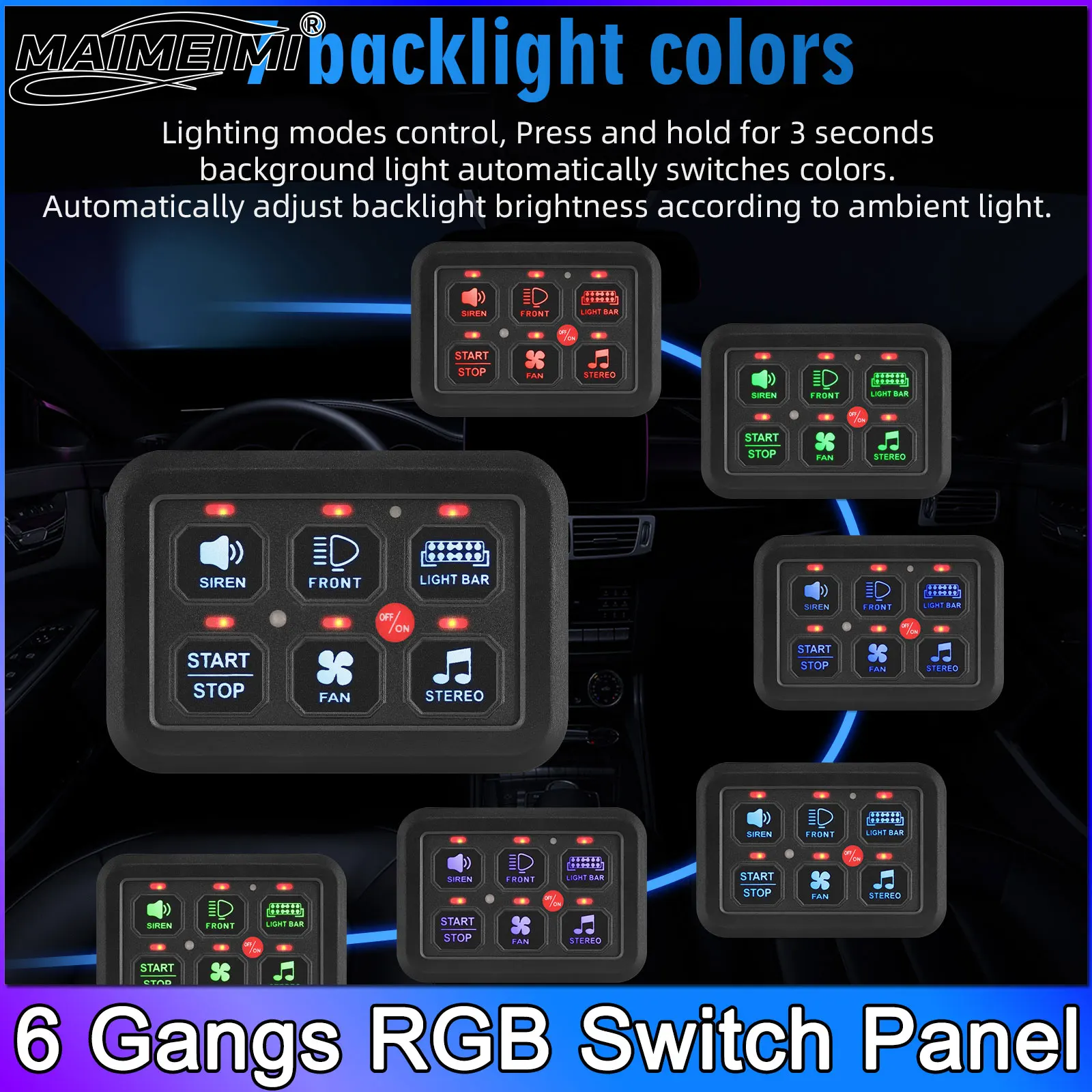 

1400W 6 Gangs RGB Switch Panel Universal LED Lights Electronic On-Off Control Relay Power System for Caravan Boat Jeep UTV